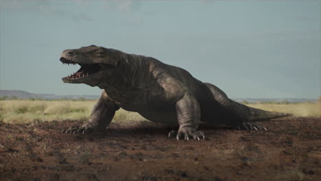 Prähistorisches-Megalania-Brüllt-Auf-Der-Alten-Australischen-Ebene