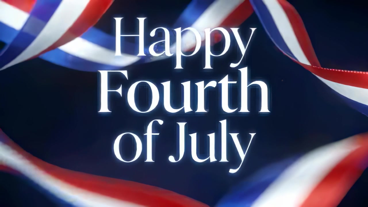 Animation starting, centered 'Happy Fourth of July' glowing on navy with sparks, ribbons undulating