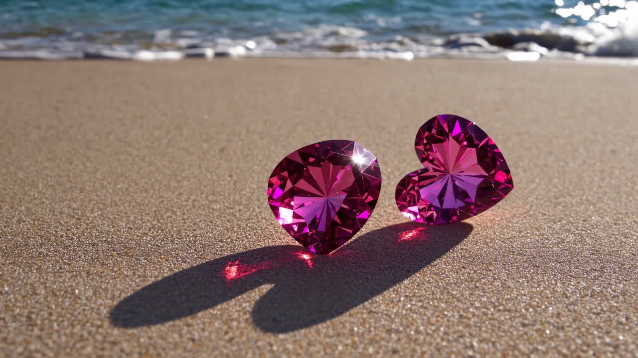 Delicate pink heart shaped gemstones sparkling against golden beach sand, gentle ocean waves creating serene romantic backdrop highlighting natural beauty and luxurious love symbol