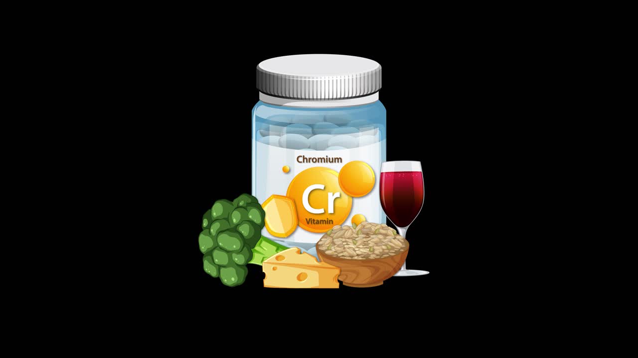 Chromium supplement bottle animates with broccoli, cheese, grains, and wine on black background