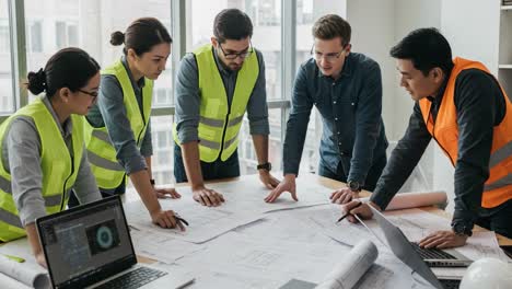 collaborative team discussion on architectural plans: engineers analyzing blueprints and proposals in a bright, modern office environment