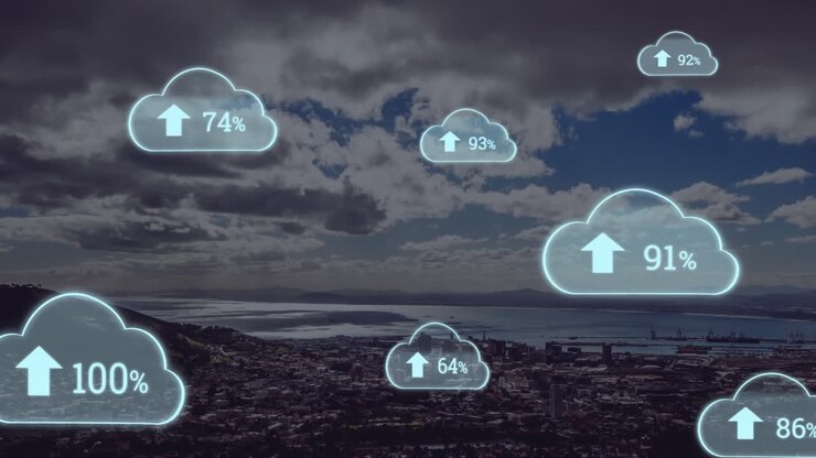 Animation of cloud icons with percentage and city in background