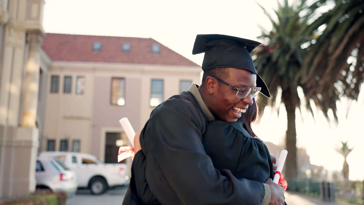 Happy people, friends and hug in graduation