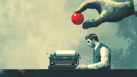 giant hand and typewriter