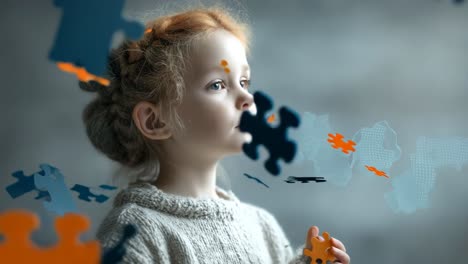 kid played with bright puzzles. young child in a cozy sweater focuses on floating puzzle pieces, deep in thought in a calm and dreamy atmosphere.