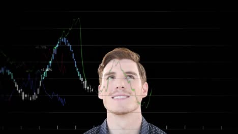 Statistical-data-processing-over-caucasian-man-smiling-against-black-background