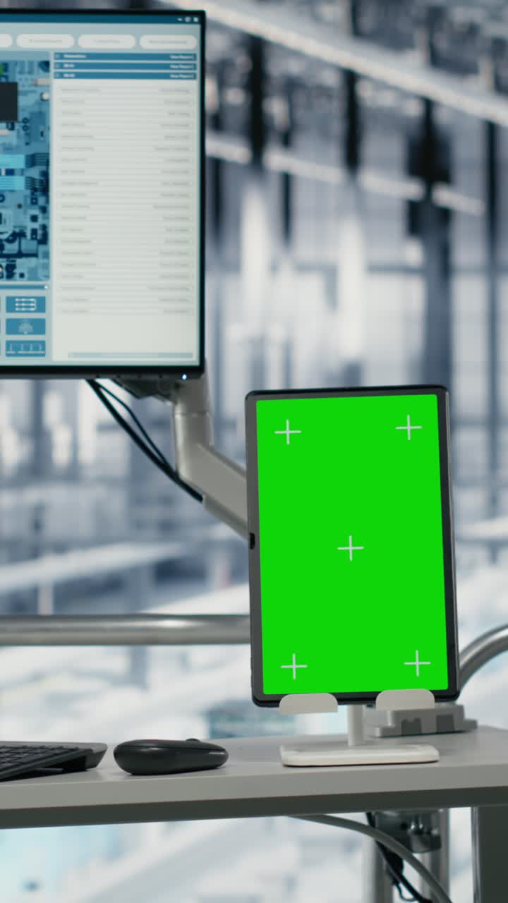 Video verticale: Tablet con schermo verde in fabbrica di microchip usato da un uomo