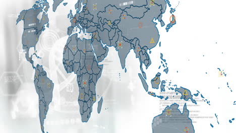animación de giro de cadena de adn, mapa del mundo y procesamiento de datos en fondo blanco.