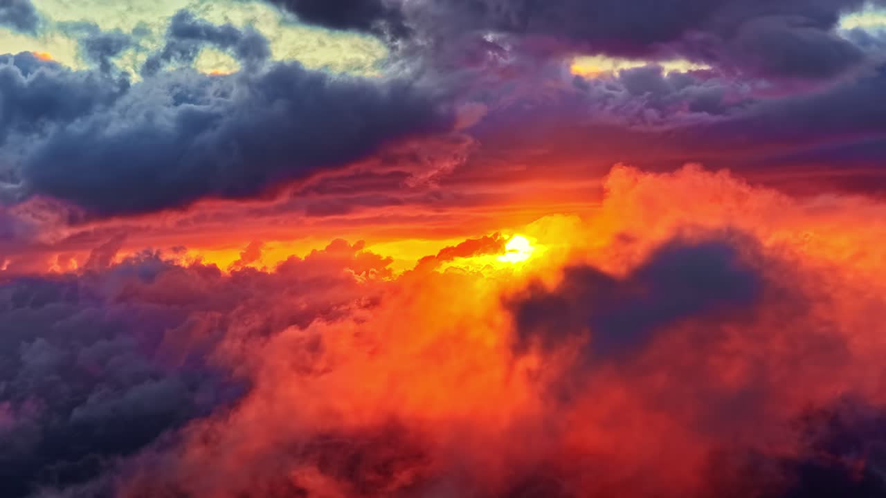 Vibrant sunset seen from above the clouds vivid orange red colors Rayleigh scattering