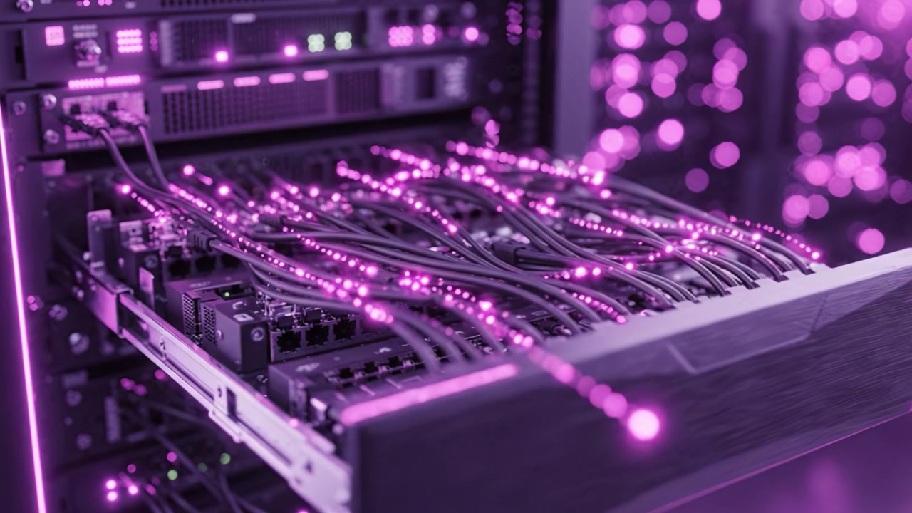 A close-up view of a purple-lit server rack showcasing illuminated connections, highlighting the intricate design and technology of modern computing infrastructure.