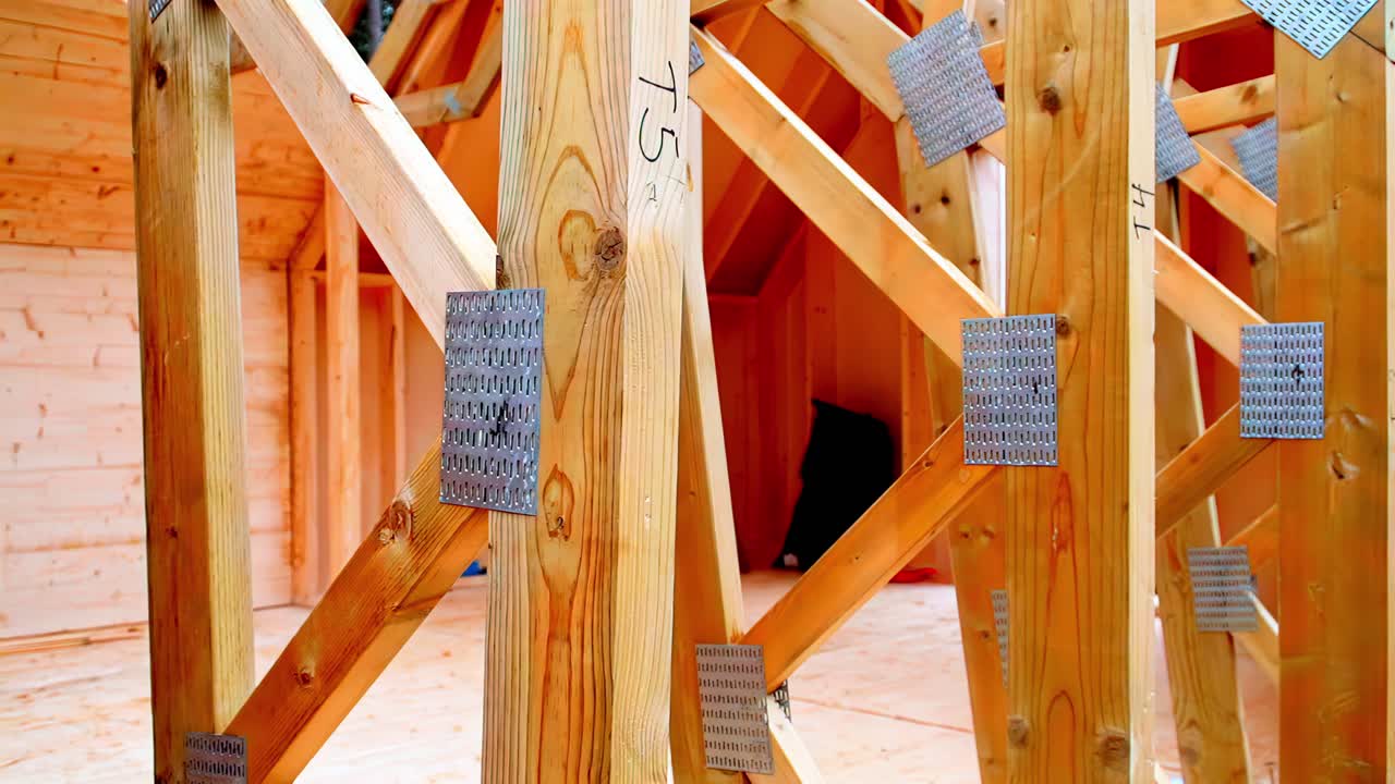 Fachwerkkonstruktion mit Holzbalken und Metallstreben