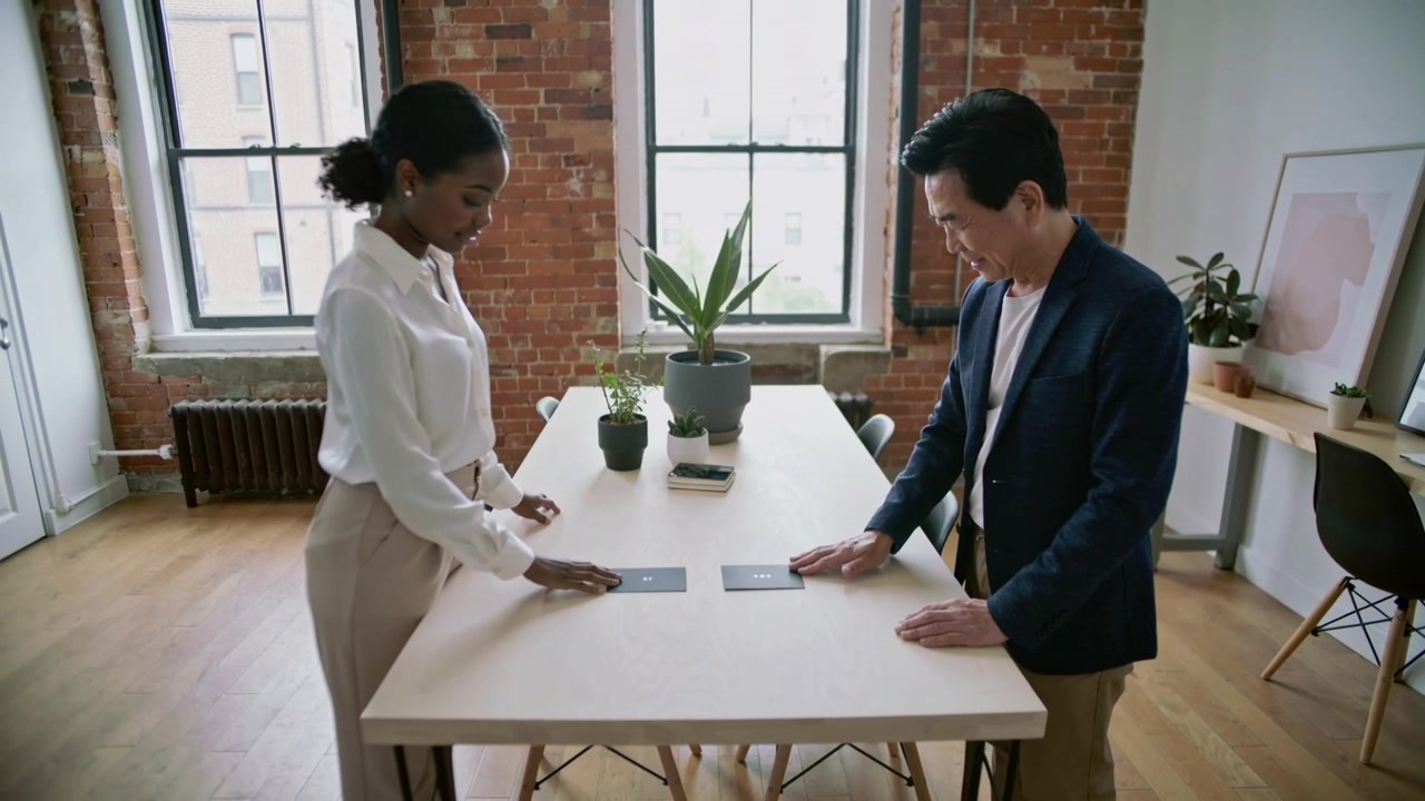 Placing hands on cards, woman white blouse and man navy blazer syncing activation in loft office