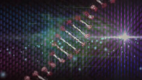 Animation-of-revolving-dna-strand,-lights-and-glowing-colourful-rectangles