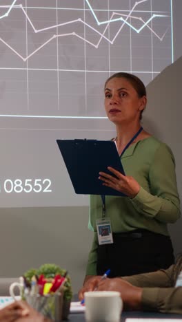 vertical video diverse business associates reviewing performance metrics data