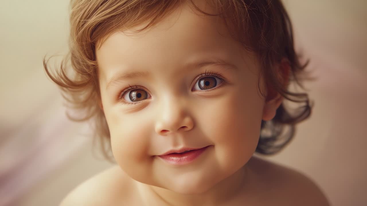 Beginning toddler maintaining eye contact and tilting head at pink backdrop, making calm portrait