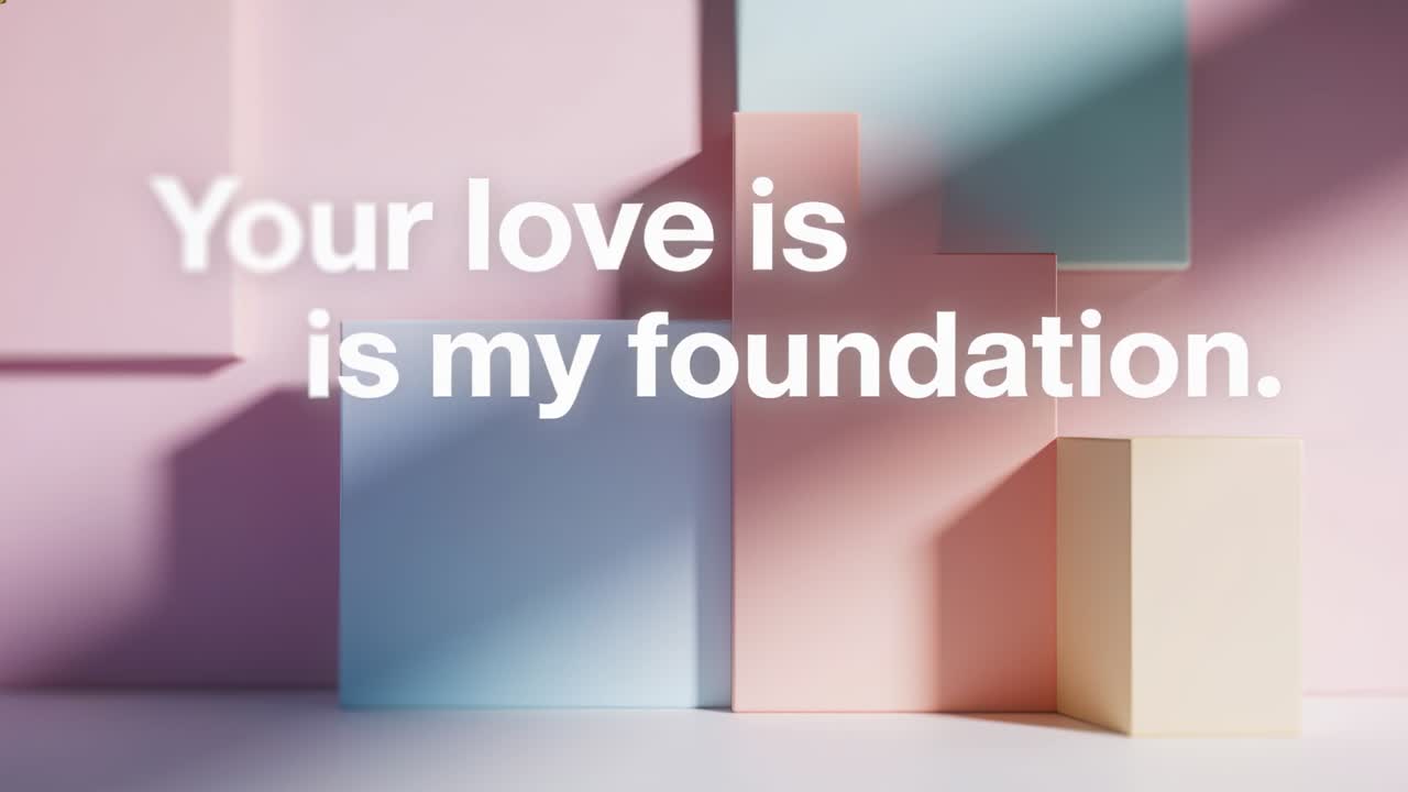 Starting centered white text holding on pastel stepped blocks in studio, presenting love message