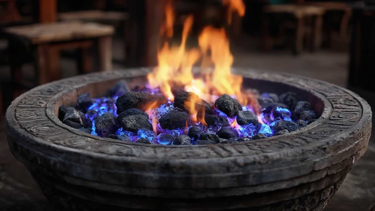 Un Primo Piano Accattivante di Fiamme Vibranti che Danzano su Braci in un Braciere Intagliato con Cura, Creando un'Atmosfera Incantevole e Calda