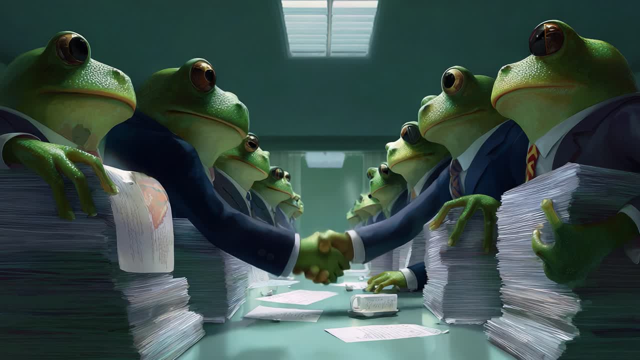 A surreal corporate meeting featuring anthropomorphic frogs dressed in suits, engaging in a handshake over a table piled with paperwork, showcasing whimsical humor and a unique perspective on business interactions