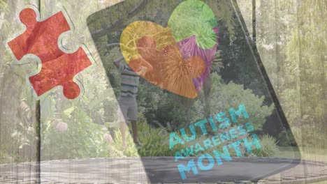 animación de piezas de rompecabezas y texto del mes de concienciación sobre el autismo sobre un niño caucásico