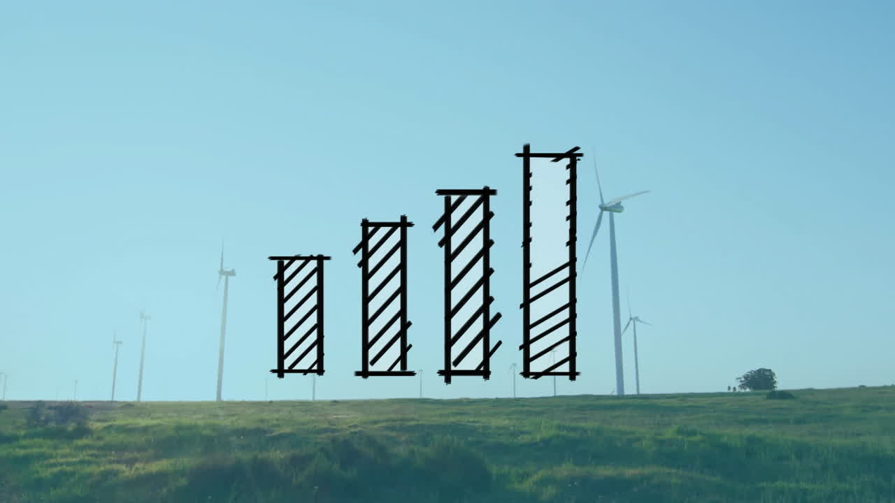 Animating bar chart over wind turbines spinning in grassy landscape