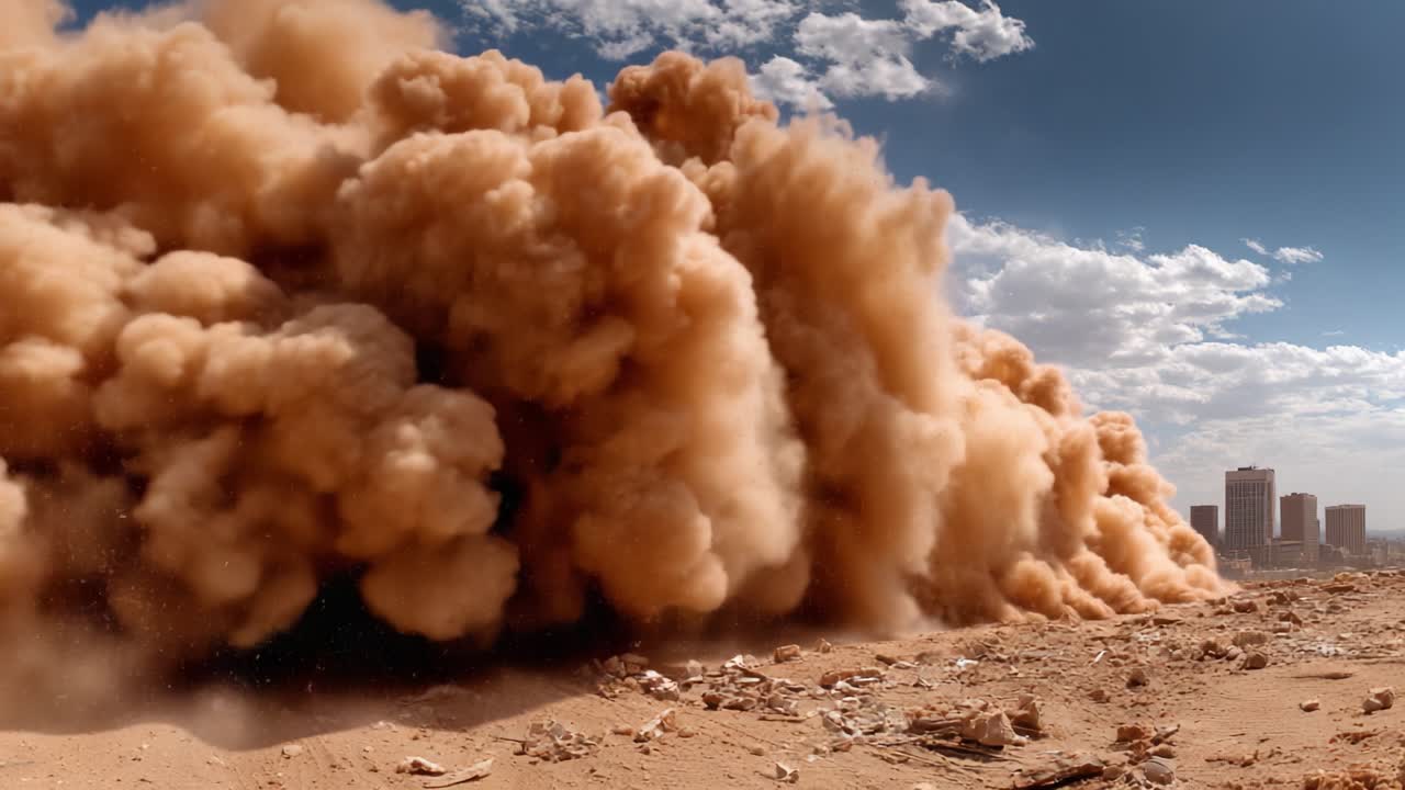 Uma poderosa nuvem de poeira irrompe do solo, criando uma cena impressionante repleta de elementos naturais e céus dinâmicos acima, capturando a energia das forças da Terra.