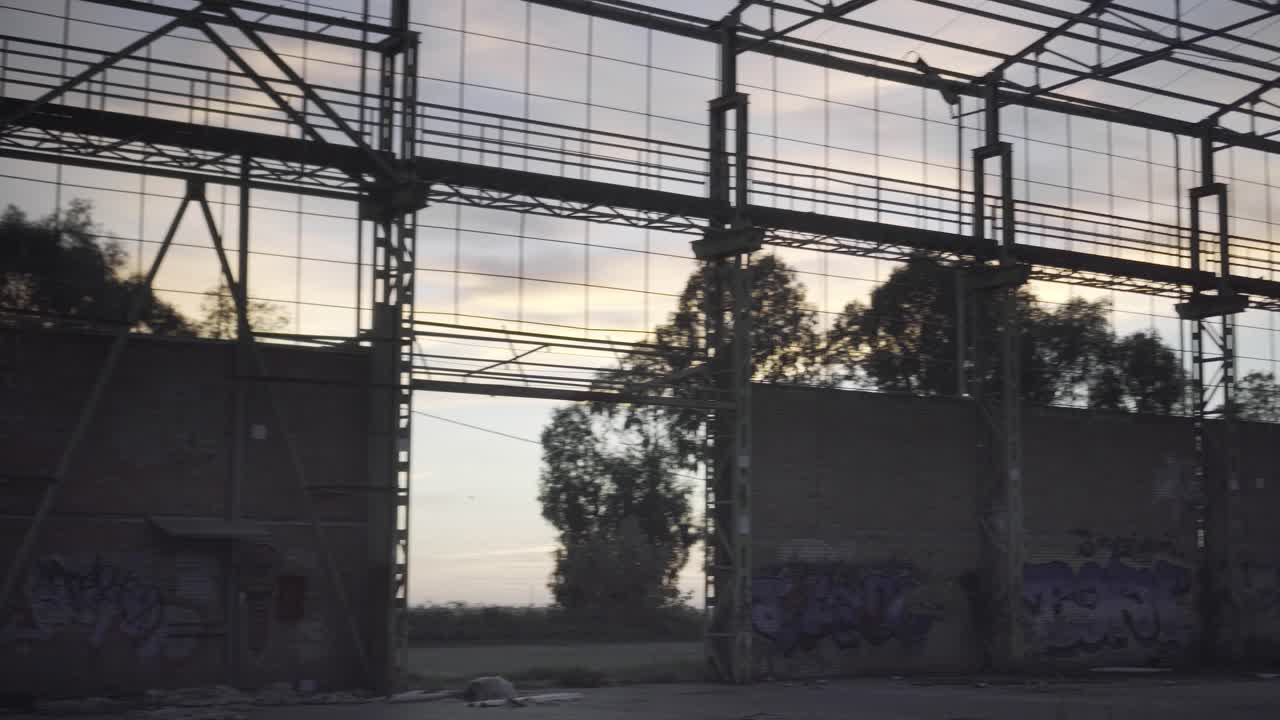 Magazzino abbandonato - Scatto panoramico dall'interno con murales e vegetazione selvaggia al tramonto.