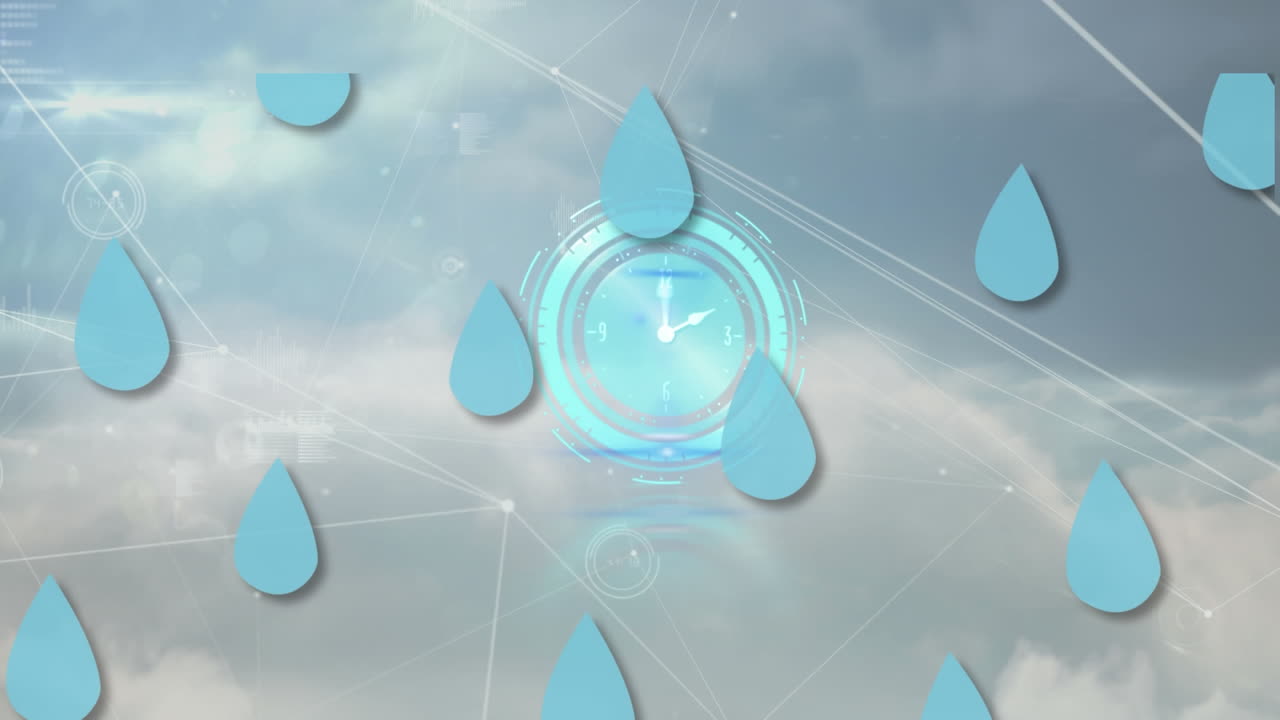 물방울과 연결 네트워크 위에서 빠르게 움직이는 시계의 애니메이션