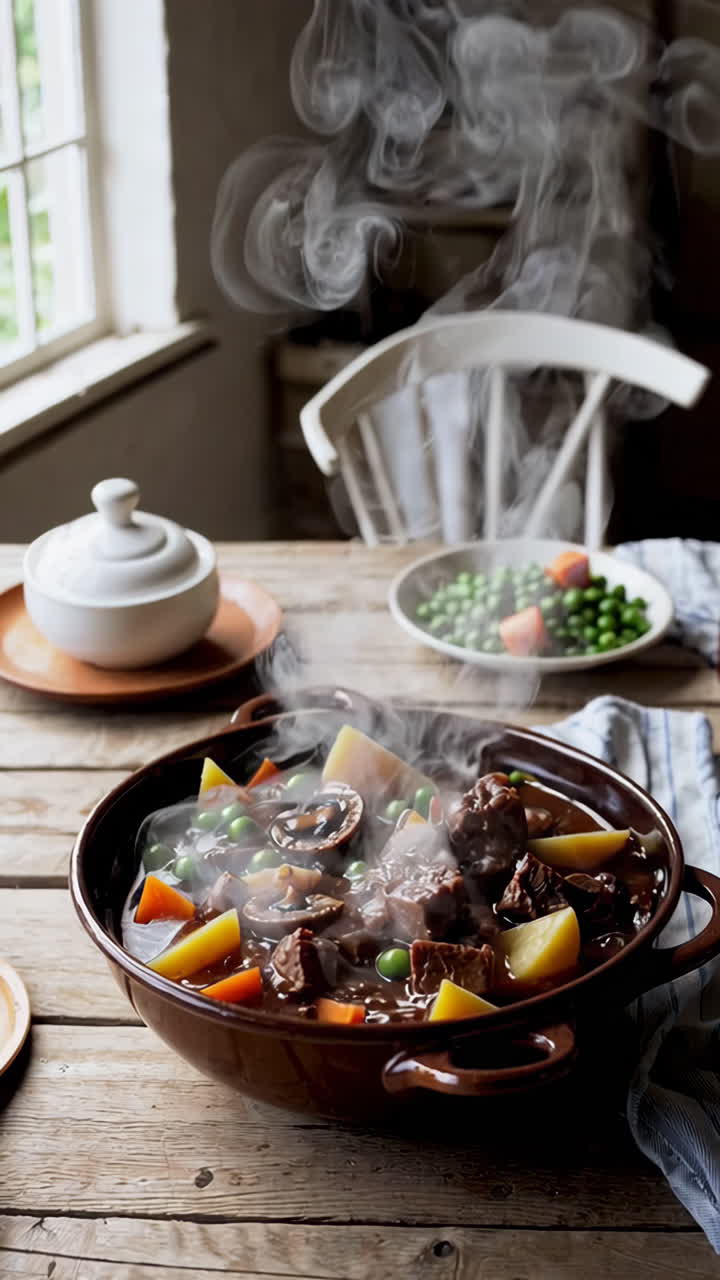 Hearty Beef Stew with Vegetables Steaming on a Rustic Wooden Table