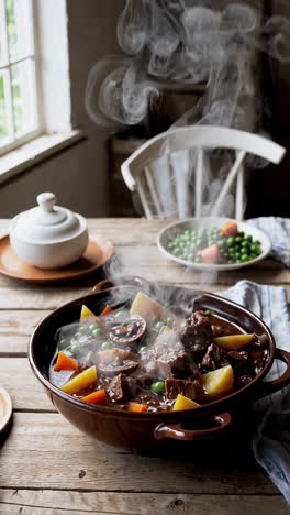 hearty beef stew with vegetables steaming on a rustic wooden table