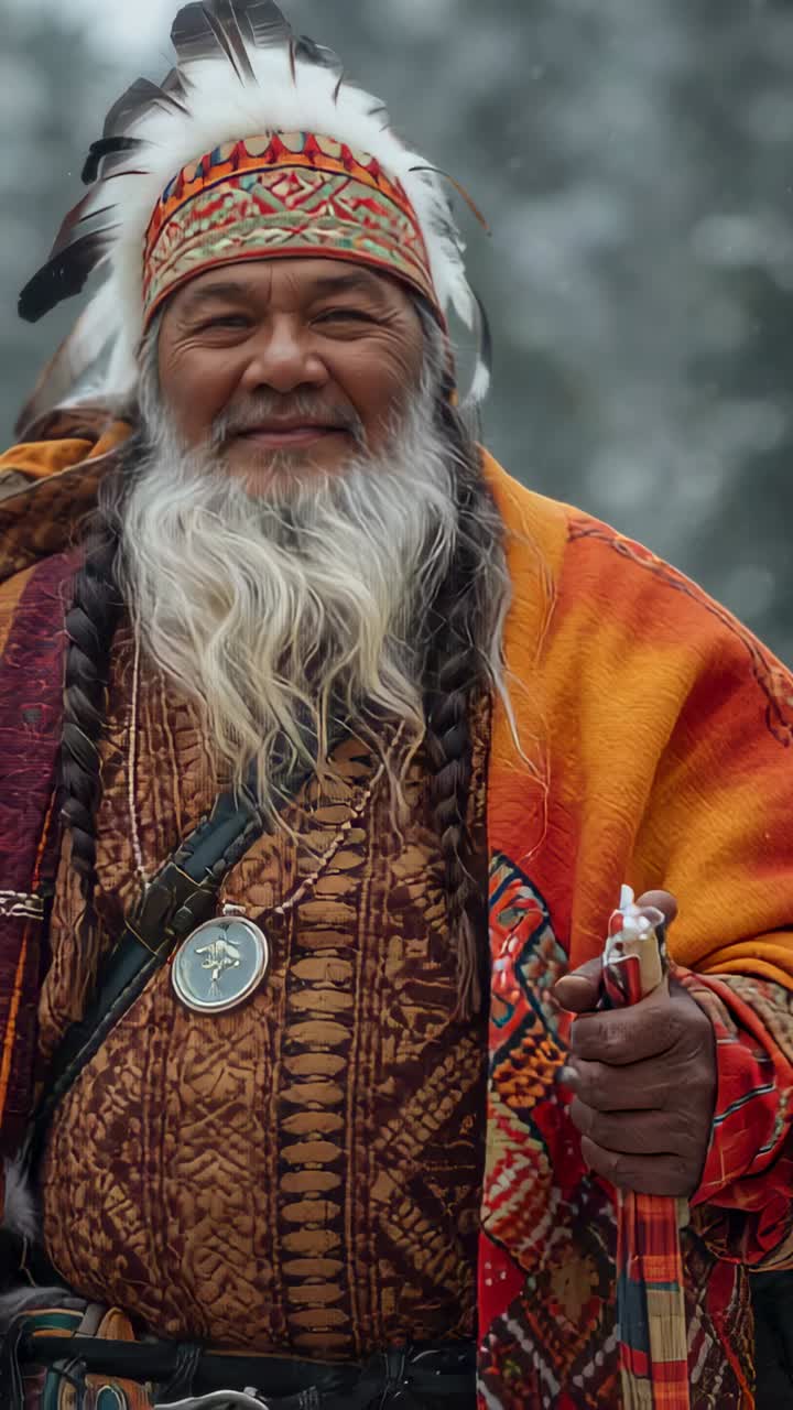 Vertical video: Smiling elder holding staff as camera moving in woods for portrait, with headdress