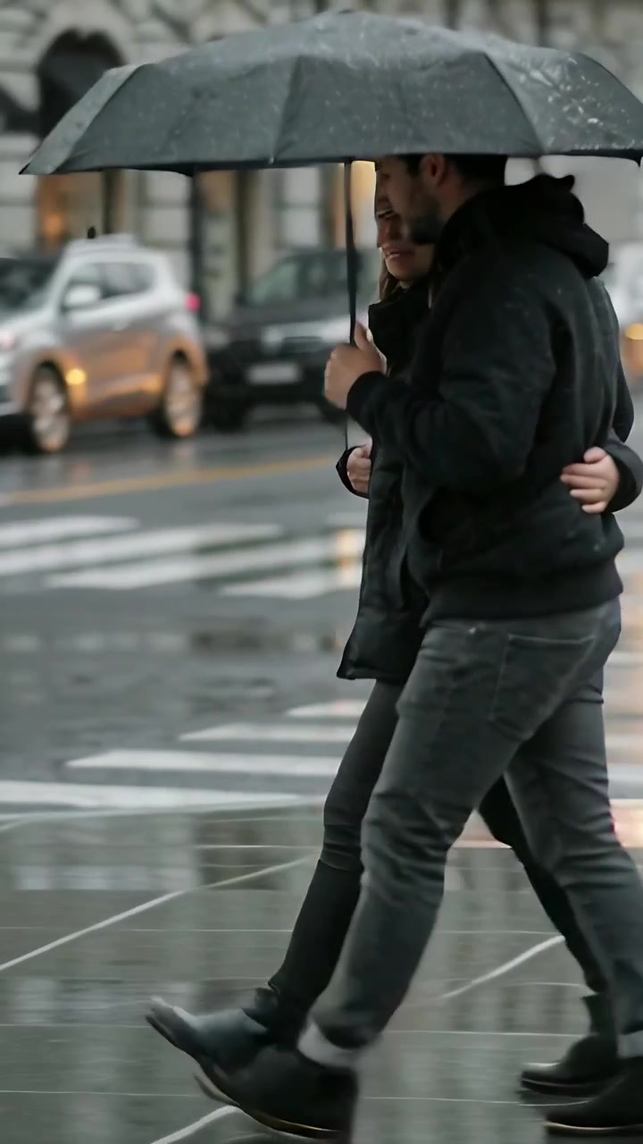 Vertical video: Stepping pair in dark coats crossing wet crosswalk under black umbrella to stay dry