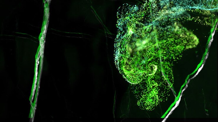 анимация перемещения и изменения зеленой текстуры и копирования пространства на черном фоне