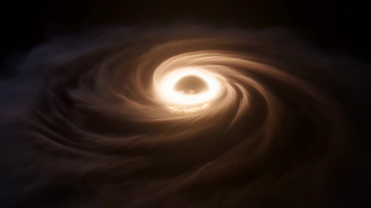Jejak cahaya hangat bergeser melalui spiral melingkar halus, dengan cincin bagian dalam yang terang, lekukan mengalir lembut, dan pita luar yang lebih gelap menciptakan kedalaman berlapis di seluruh bingkai hitam.