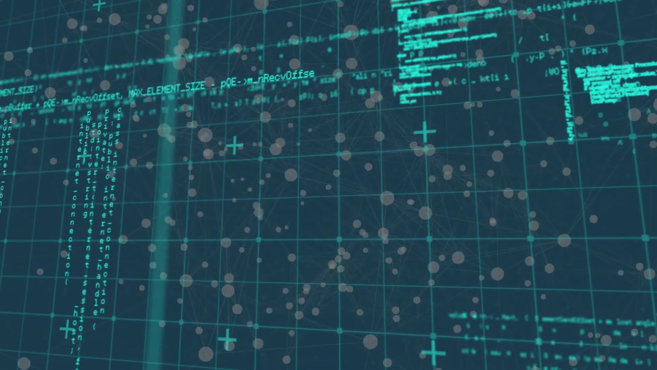 Opening turquoise grid starting camera rotating around three neon code clusters visualizing data