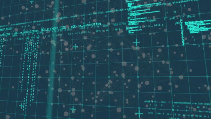 Opening turquoise grid starting camera rotating around three neon code clusters visualizing data