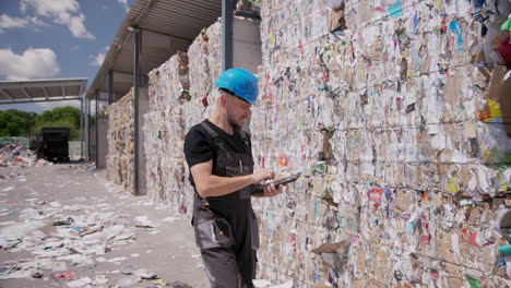 El-Gerente-Con-Casco-Azul-Cuenta-Fardos-De-Papel-Atados-En-La-Planta-De-Reciclaje