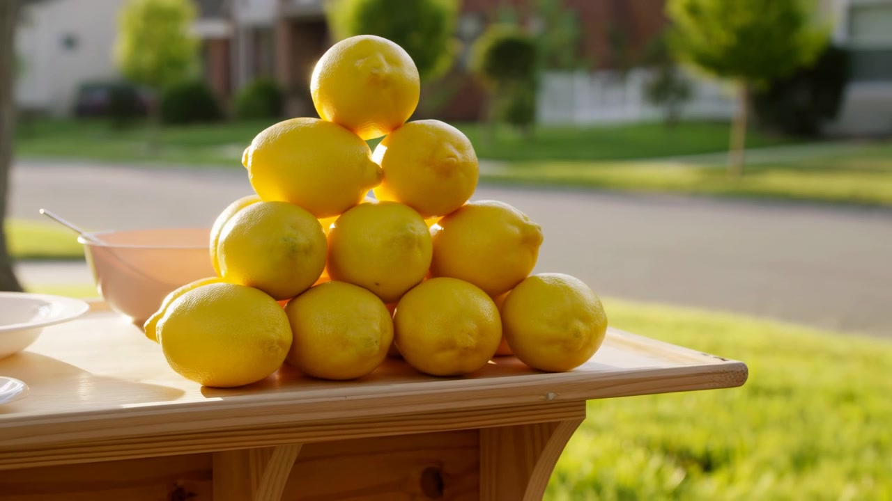 Limoni che impilano limoni a formare una piramide, in una giornata di sole all'aperto con erba e alberi, con limoni, tavolo di legno, con texture di legno e erba, da una prospettiva statica dall'alto della piramide