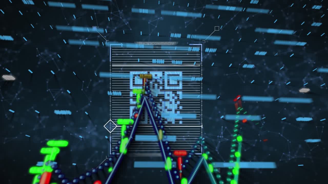 Financial data processing over qr code scanner against network of connections on blue background