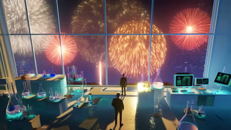a laboratory overlooking a fireworks display