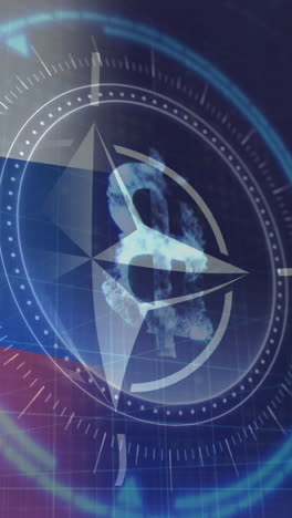 animación de escaneo de alcance y símbolo de bitcoin sobre la bandera de rusia y la otan