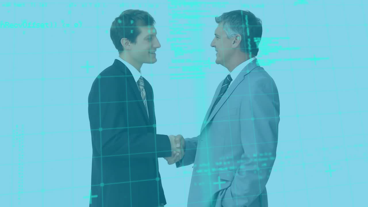Animazione di elaborazione dati su persone diverse che si stringono la mano in ufficio