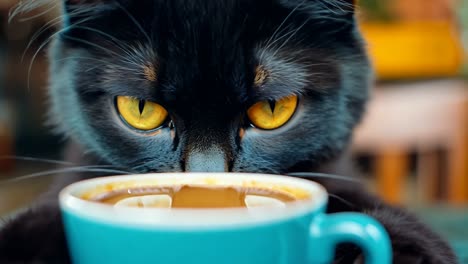 un gato negro sentado en una mesa con una taza azul de café