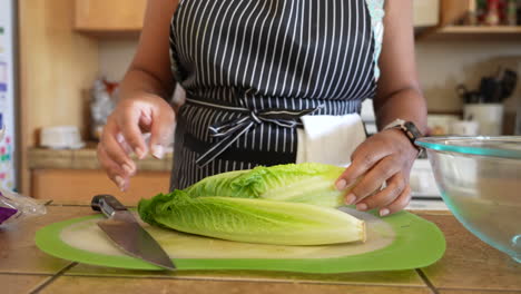 poner la lechuga romana en la tabla de cortar para picar una ensalada - serie de ensalada antipasto
