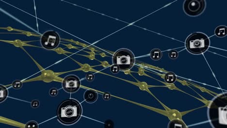 animation of network of connections with icons and shapes on blue background