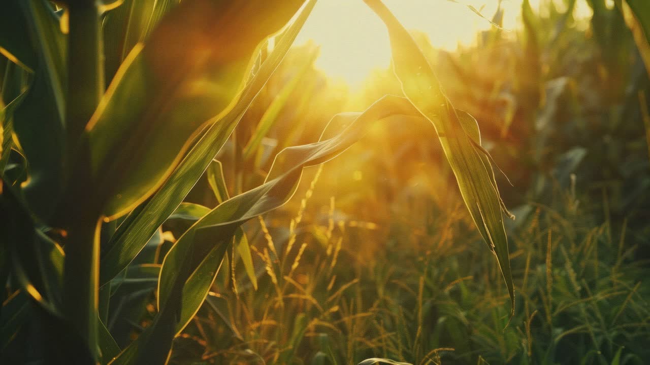 Nærbillede af en videooptagelse af majsblade på en mark ved solnedgang, der fanger det varme skær og de indviklede detaljer