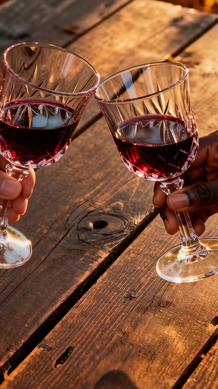 Two people moving glasses inward, clinking crystal wine on wood table, golden glints for ads
