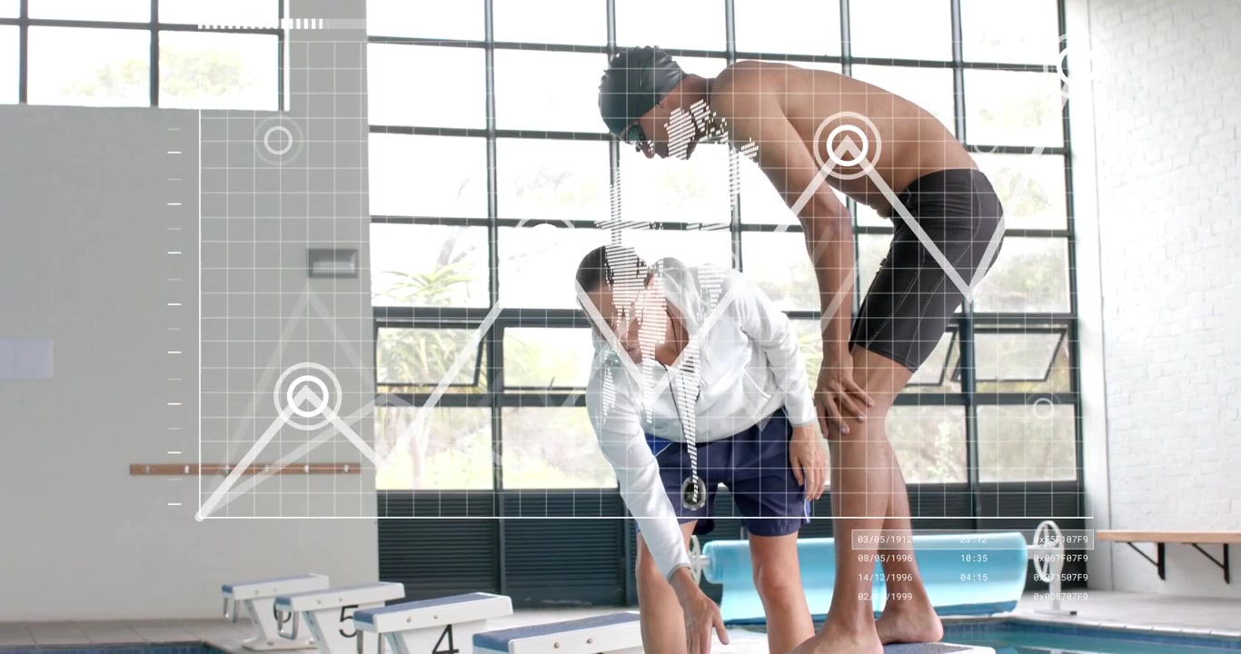 Treinadora dando instruções para entrada de mergulho no bloco dois e ativando sobreposição animada de dados esportivos