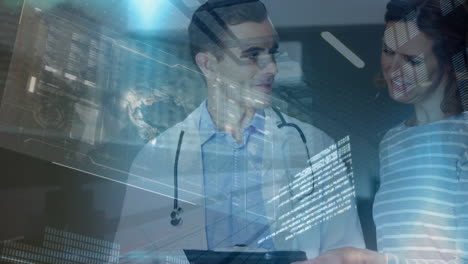 animación de procesamiento de datos sobre un médico caucásico y una mujer hablando
