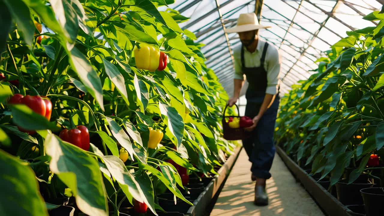 Farmer harvesting peppers in a greenhouse