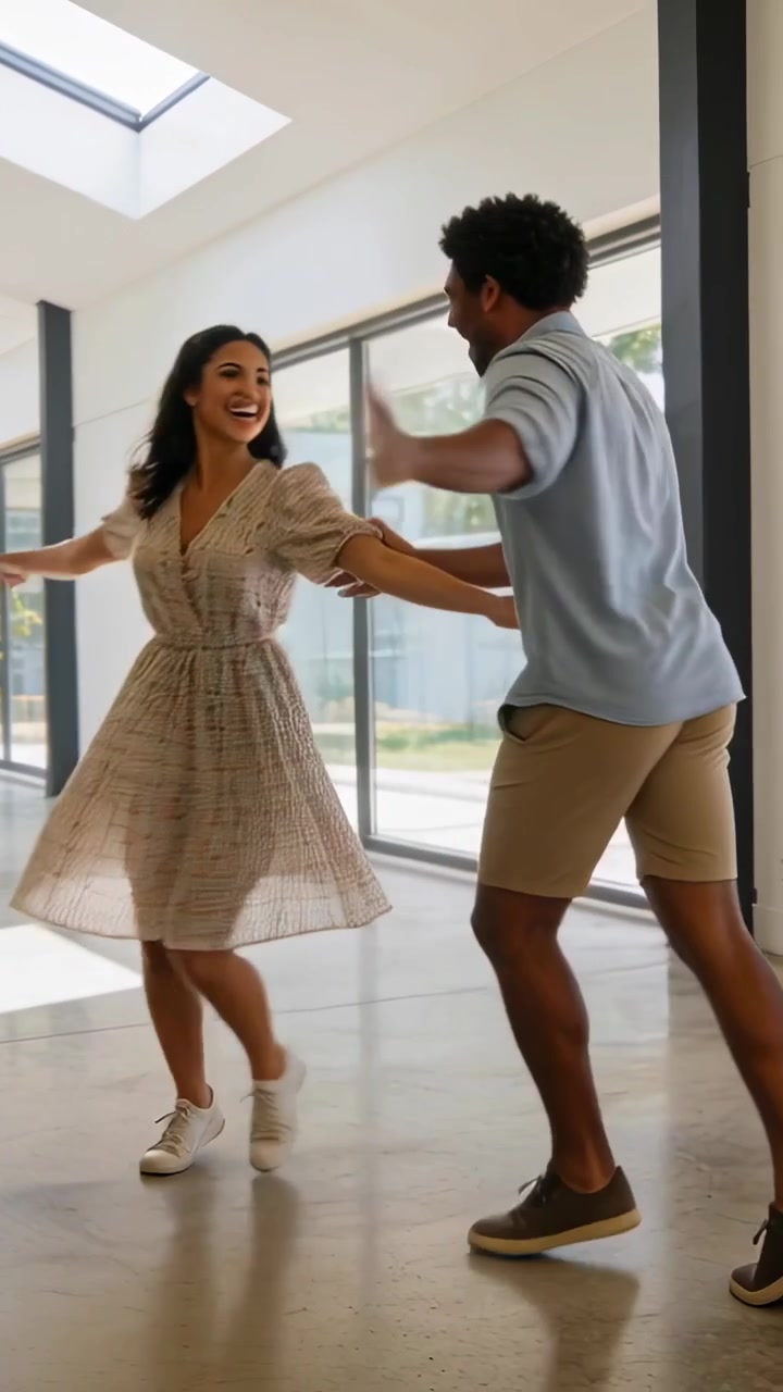 Video verticale: Donna che inizia a volteggiare, uomo che le guida la vita per divertimento vicino alle finestre, con il vestito beige che si allarga.